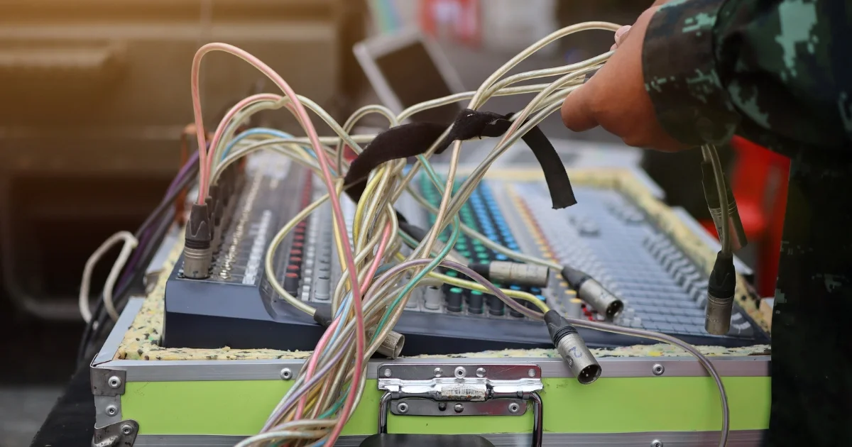 Technician managing tangled audio cables